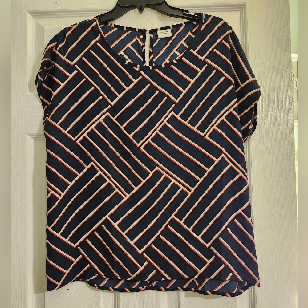 Jacqueline De Yong Navy and Red Geometric Top Size M